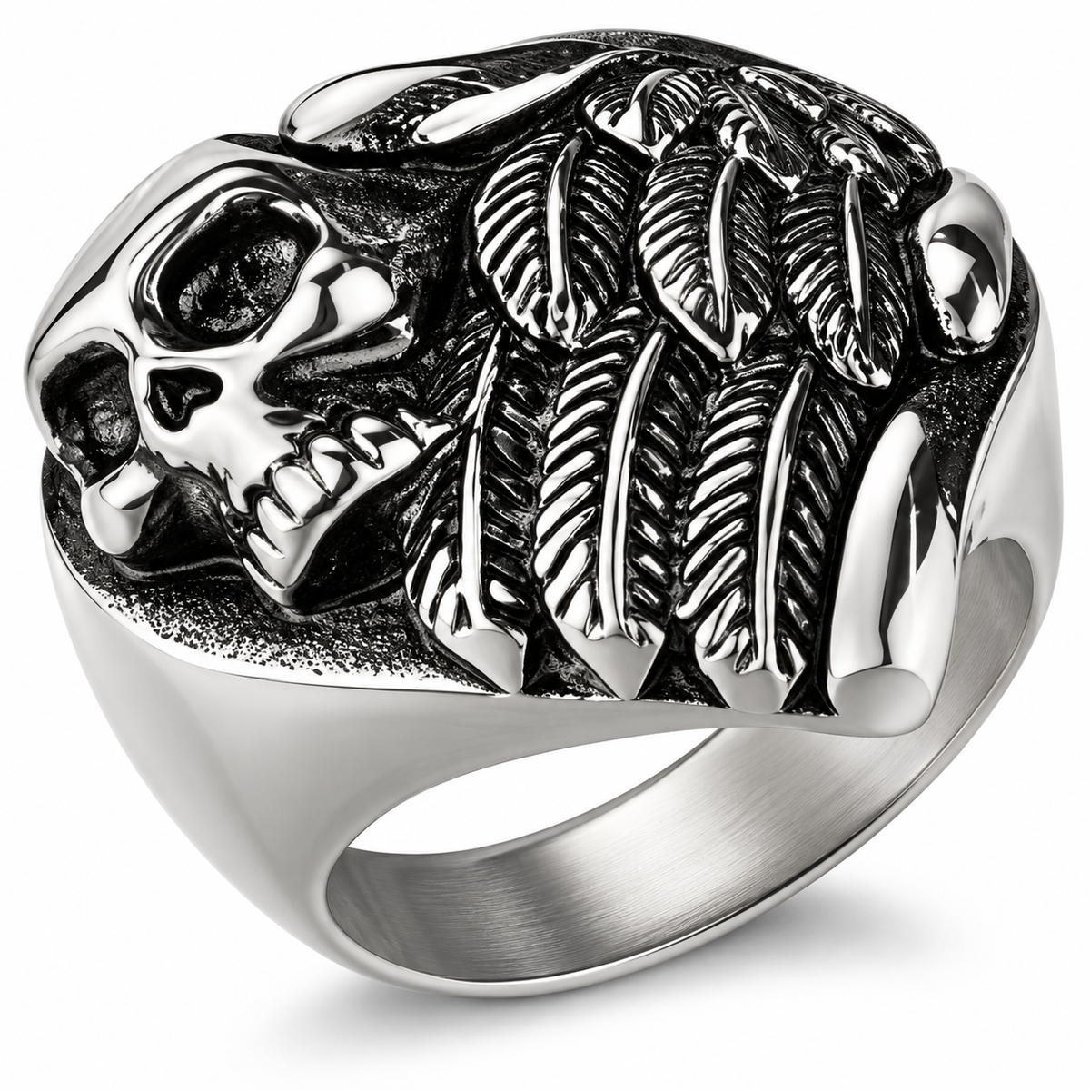 R196 Stainless Steel Feather Wings Skull Biker Ring