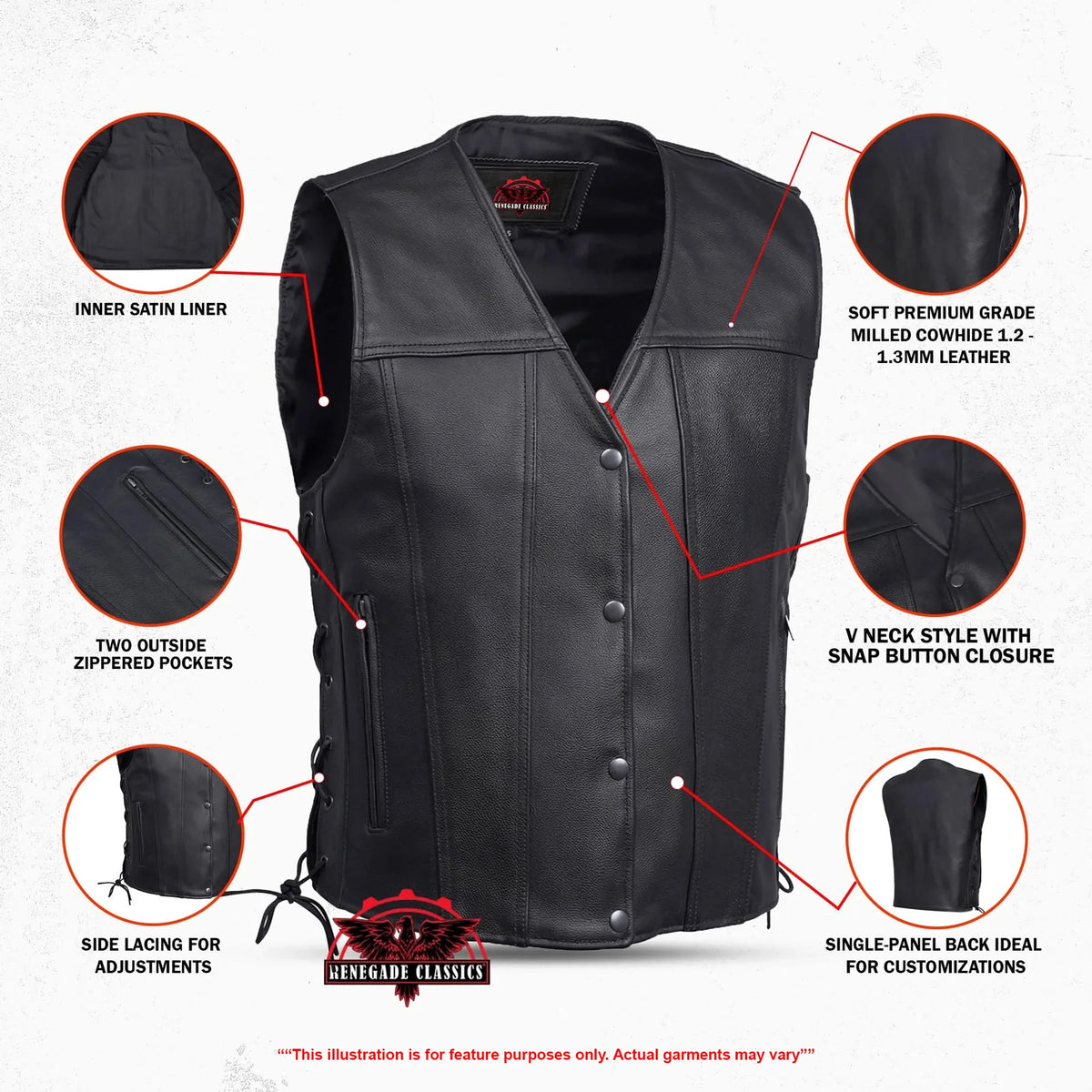 Clubster Men's Black Milled Cowhide Side Lace Motorcycle Leather Vest - view 2