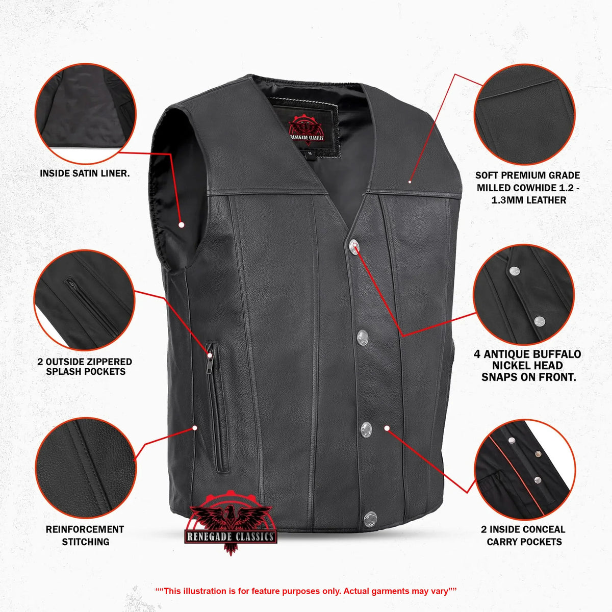 Buffalo Nickel Black Leather Vest for Men - Customizable Back & Satin Liner - view 2