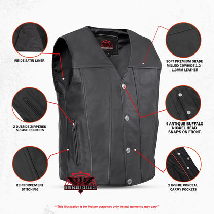 Buffalo Nickel Black Leather Vest for Men - Customizable Back & Satin Liner - view 2