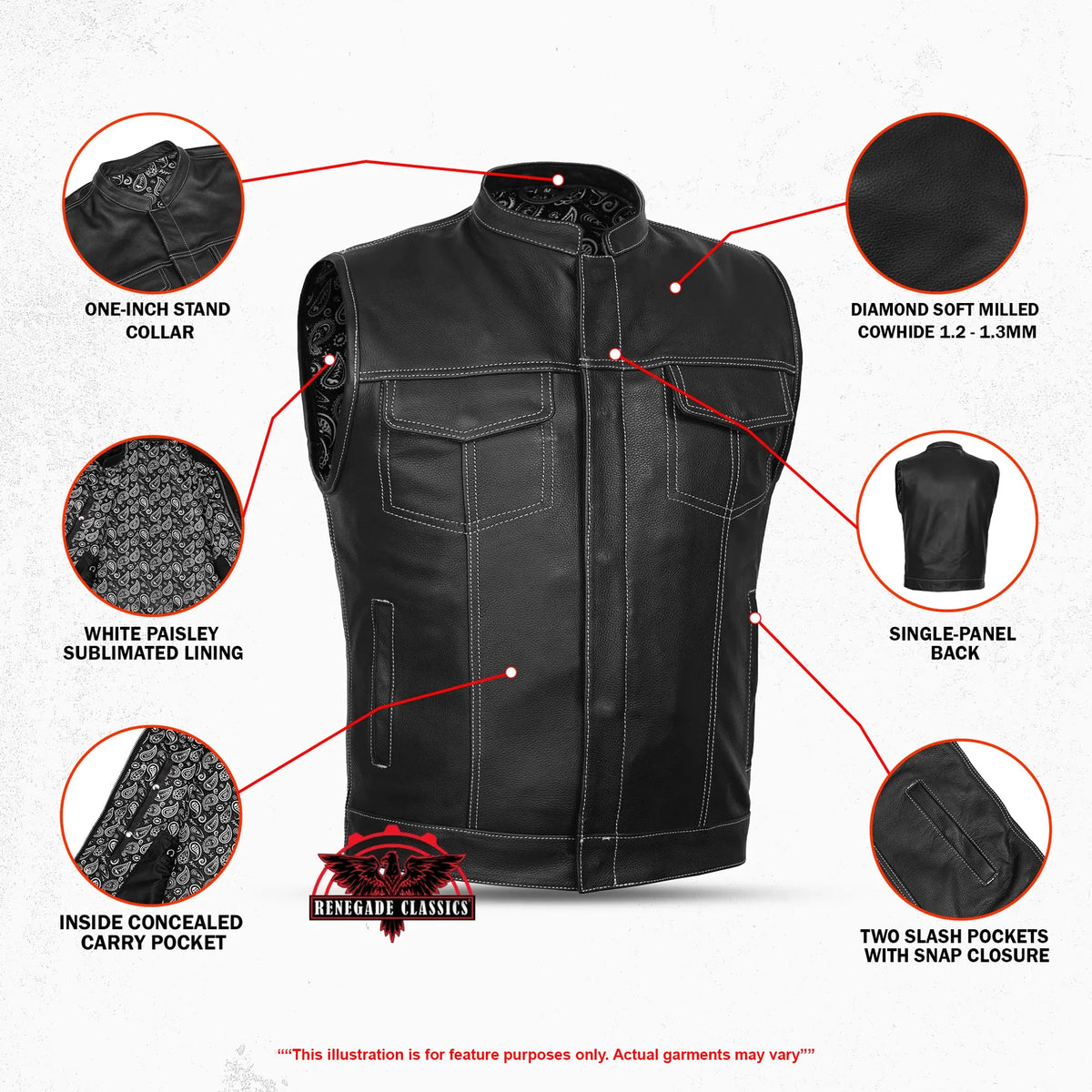 Men's Paisley Black Leather Motorcycle Vest with White Stitching - view 3