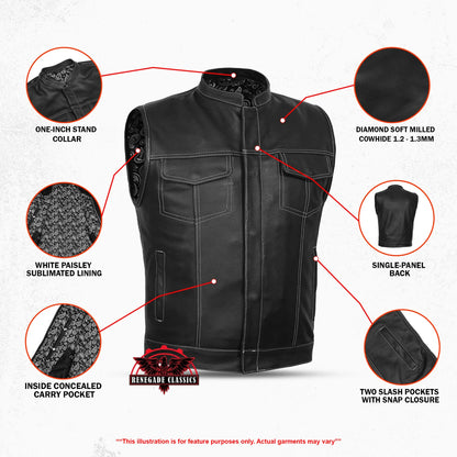 Men's Paisley Black Leather Motorcycle Vest with White Stitching - view 3