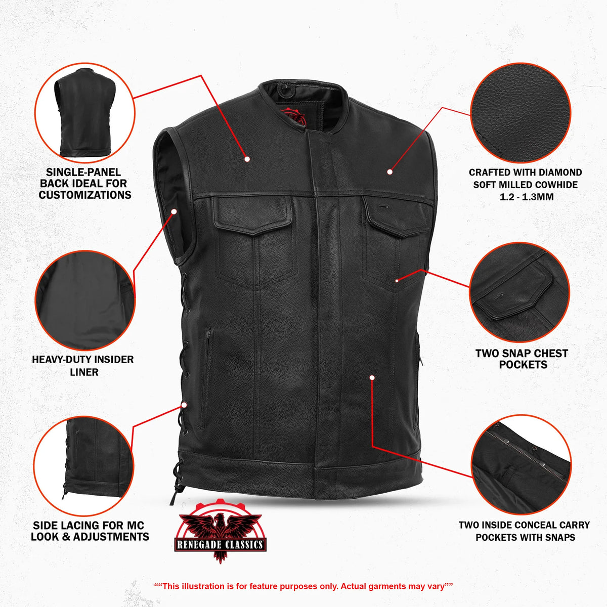 Men's Combat Black motorcycle Leather Vest - Gun Pockets & Side Laces - view 3