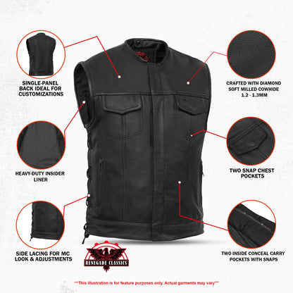 Men's Combat Black motorcycle Leather Vest - Gun Pockets & Side Laces - view 3