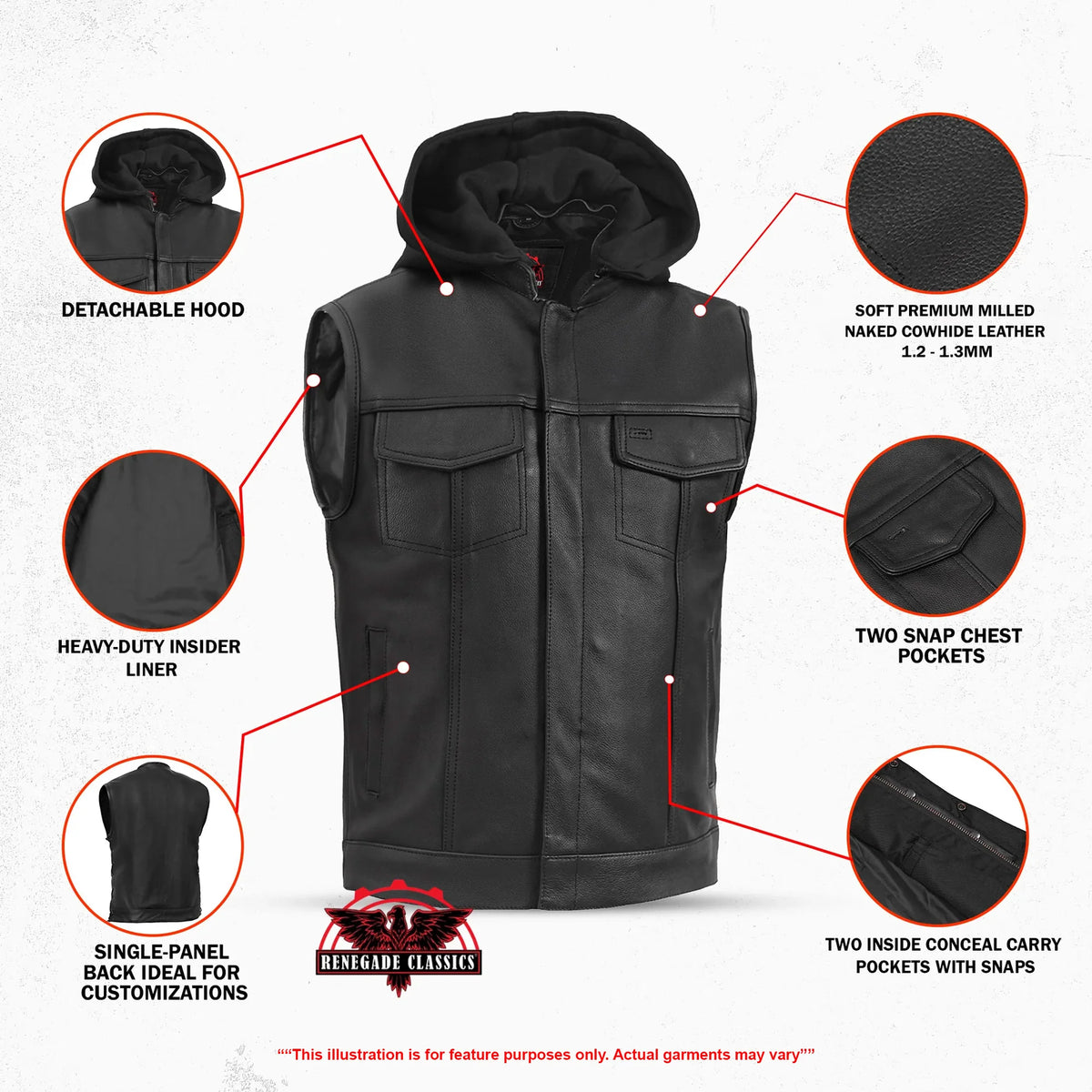Men's Black Leather Motorcycle Vest with Removable Hood - view 3