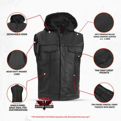 Men's Black Leather Motorcycle Vest with Removable Hood - view 3
