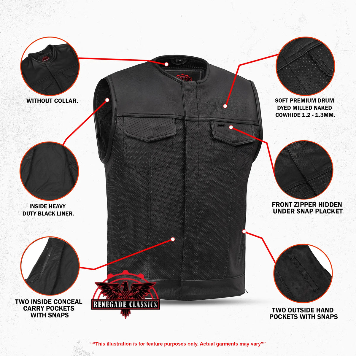 Men's Collarless Perforated Leather Vest - Black - view 3