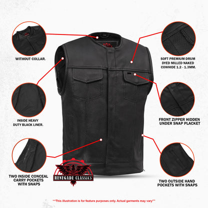 Men's Collarless Perforated Leather Vest - Black - view 3