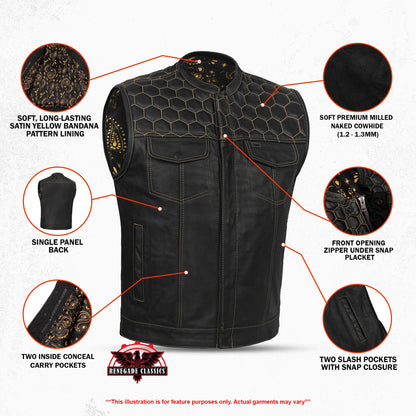Men's Gold Rush Black Leather Vest - Yellow Stitching - view 3