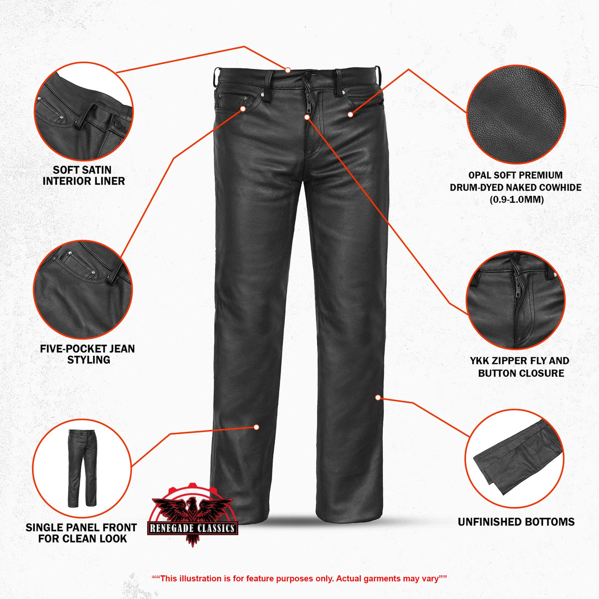 Men's Black Classic 5 Pocket Casual Motorcycle Leather Pants - view 3