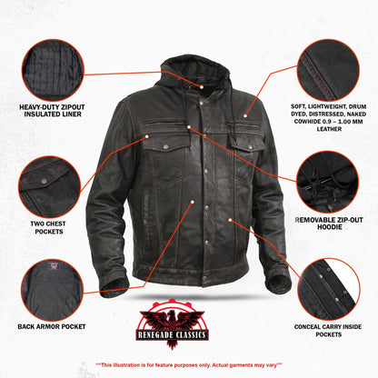Men's Black Lightweight Drum Dyed  Distressed Lambskin Jacket with Removable Hoodie