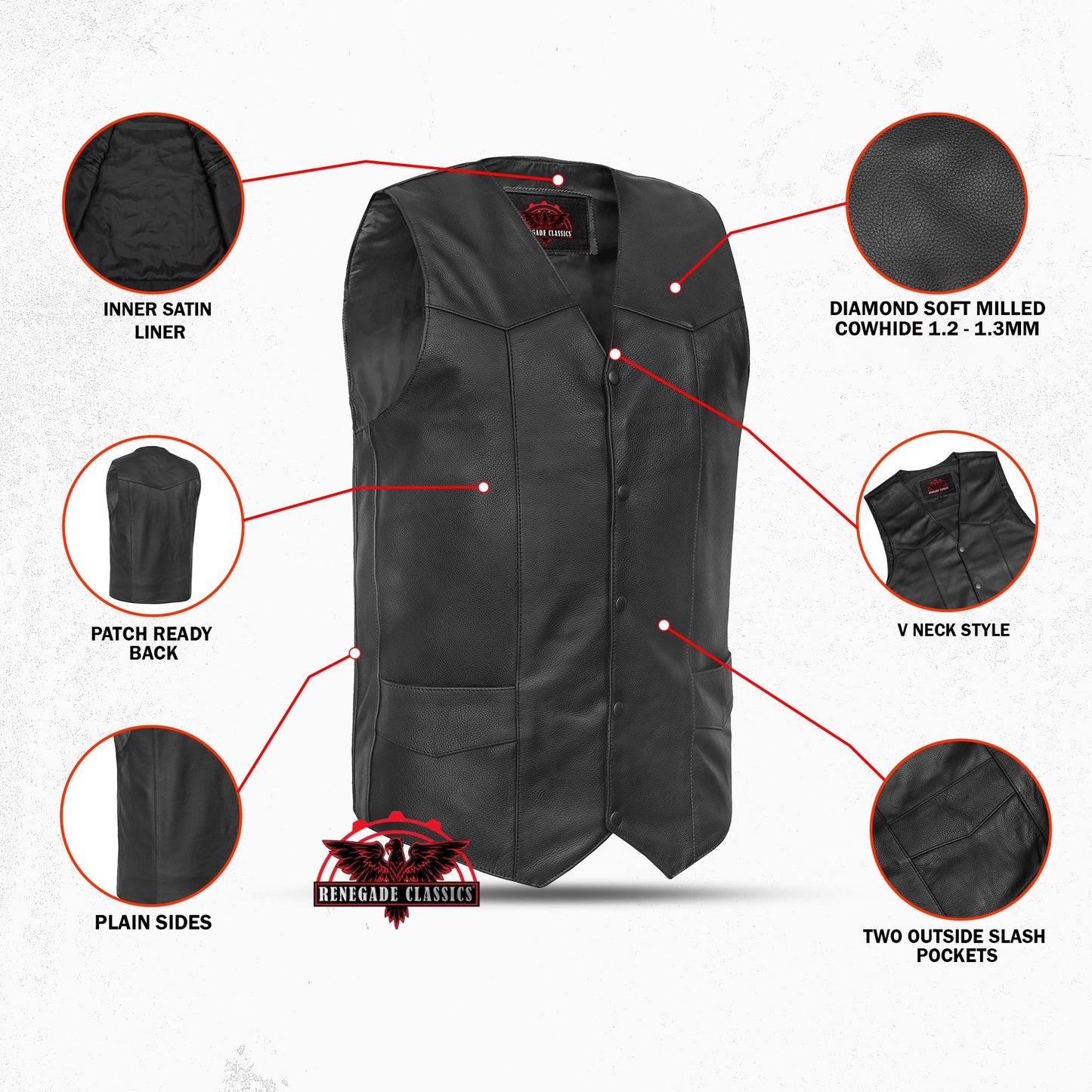 Men's Tall Classic Motorcycle Leather Vest - Black