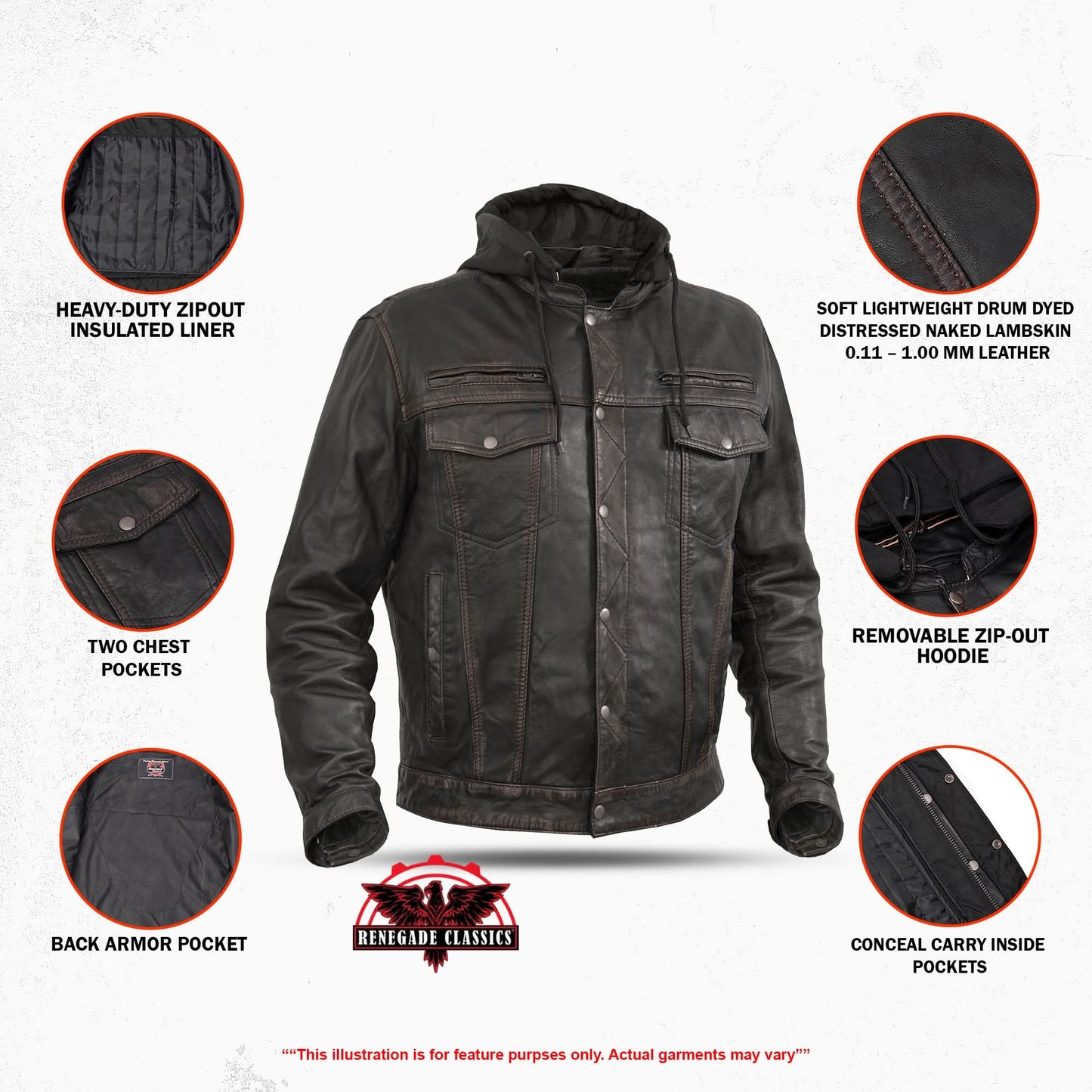 Men's Black Lightweight Drum Dyed  Distressed Lambskin Jacket with Removable Hoodie
