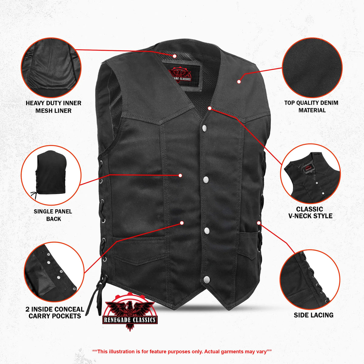 Men's Traditional Denim Motorcycle Vest with Side Laces – Smart Access Pockets - view 3