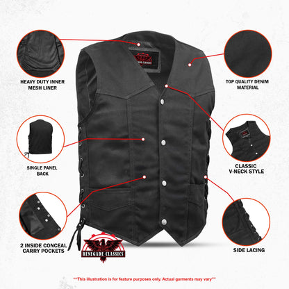 Men's Traditional Denim Motorcycle Vest with Side Laces – Smart Access Pockets - view 3