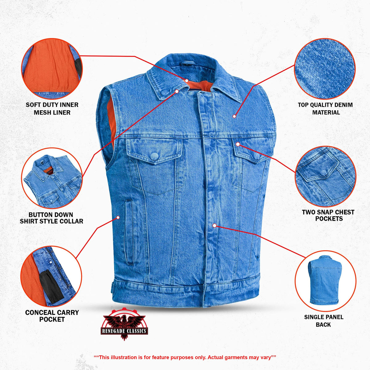 Blue Men's denim motorcycle vest with Snap/Zipper Front - view 3