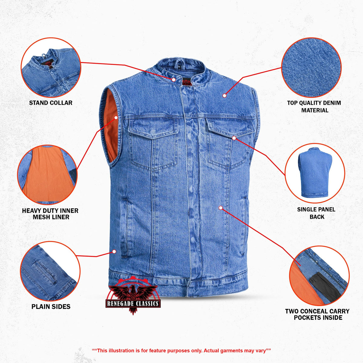 Men's Blue Denim Motorcycle Vest with Lace & Pockets - view 3