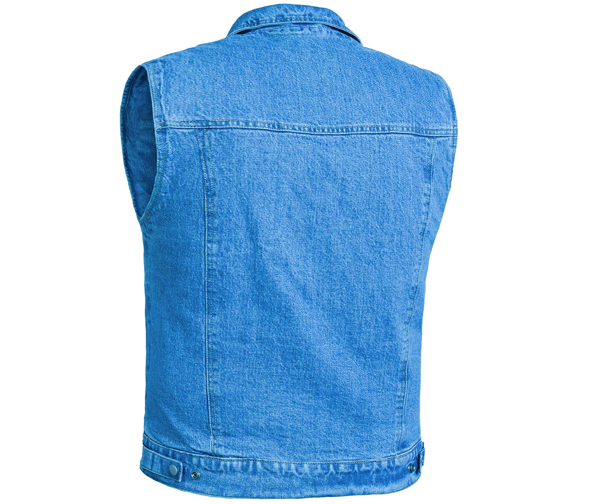 Blue Men's denim motorcycle vest with Snap/Zipper Front - view 2