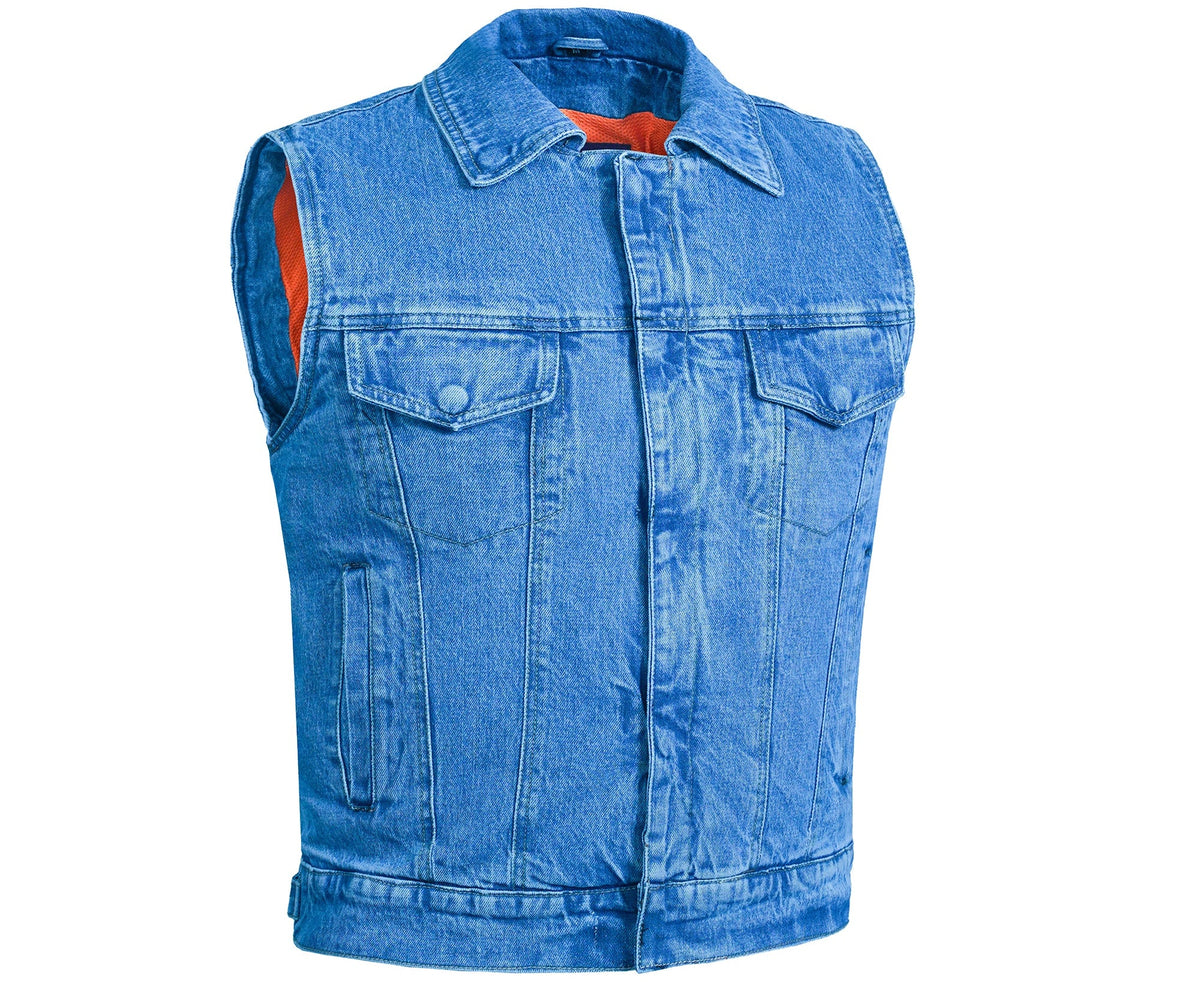 Blue Men's denim motorcycle vest with Snap/Zipper Front