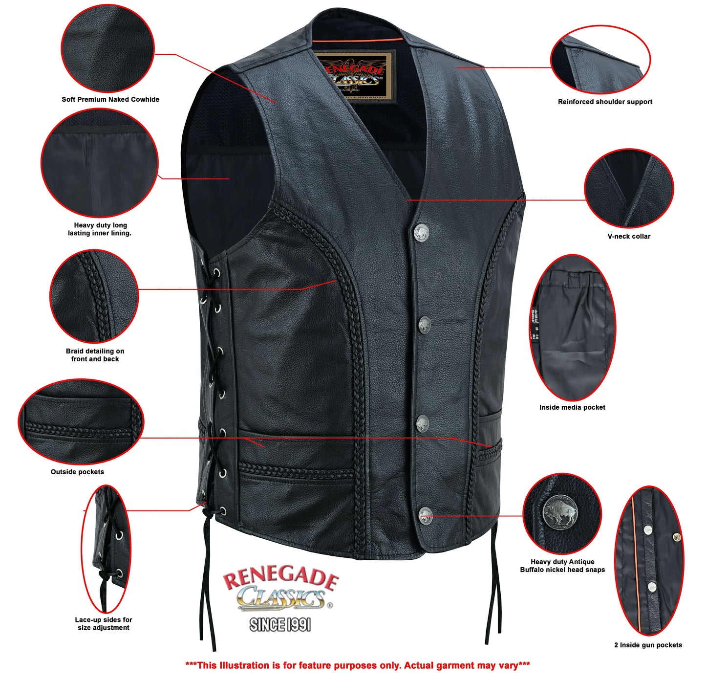 Charlie Men's Black Braided Leather Motorcycle Vest & Lace-Up Sides
