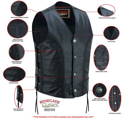 Charlie Men's Black Braided Leather Motorcycle Vest & Lace-Up Sides