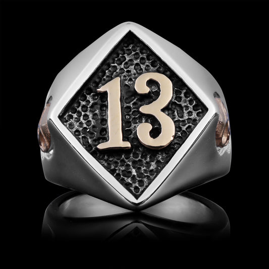 18K Gold PVD Coated Stainless Steel "13" and Skulls Signet Ring