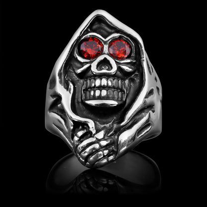 Stainless Steel Red CZ Eyed Grim Reaper Ring
