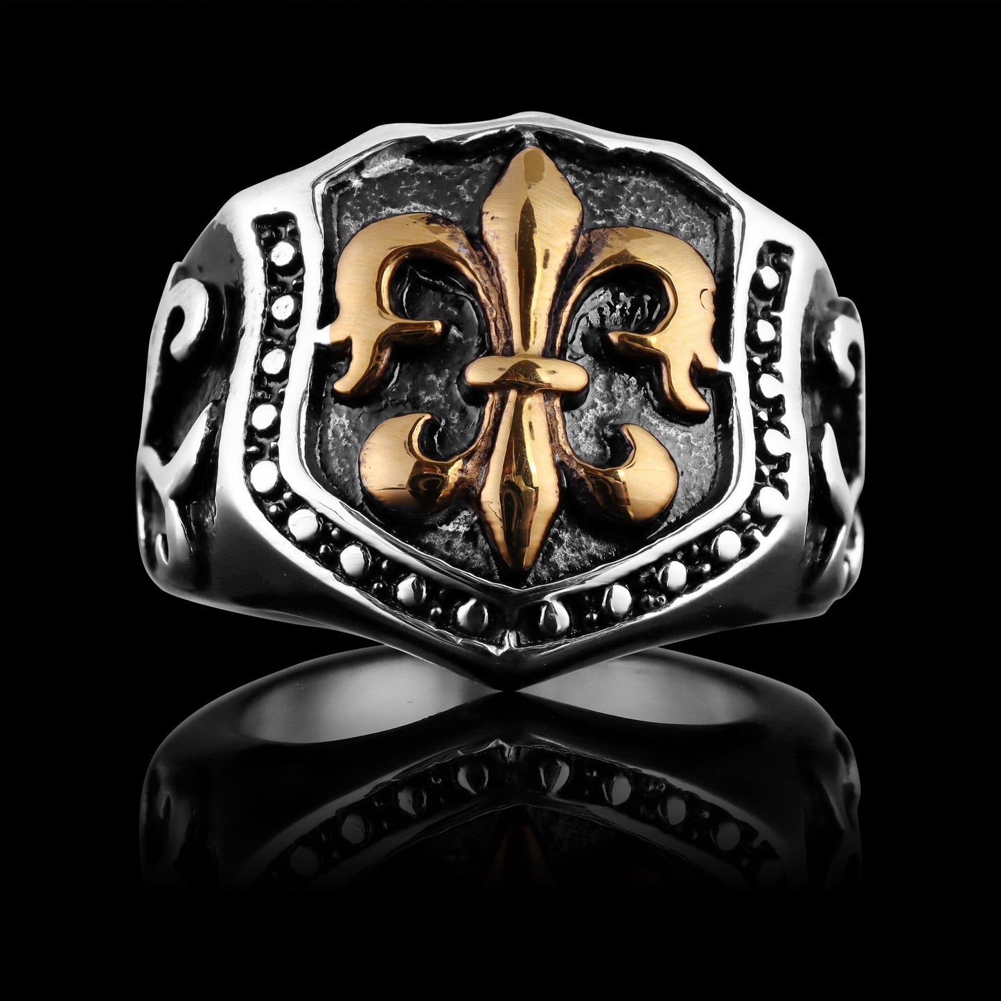 18K Gold PVD Coated Stainless Steel Fleur De Lis Shield Signet Ring
