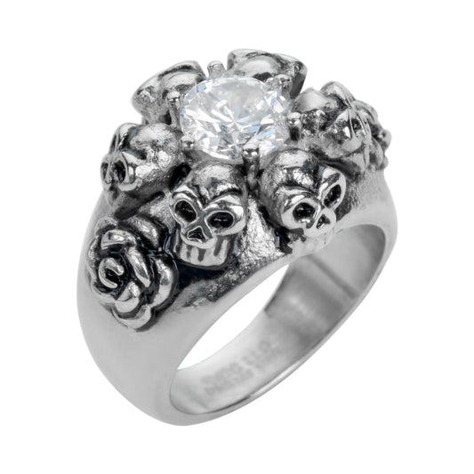 SK1049  Ladies Six Skull & Roses Imitation Diamond Ring Stainless Steel Motorcycle Jewelry  Size 5-9