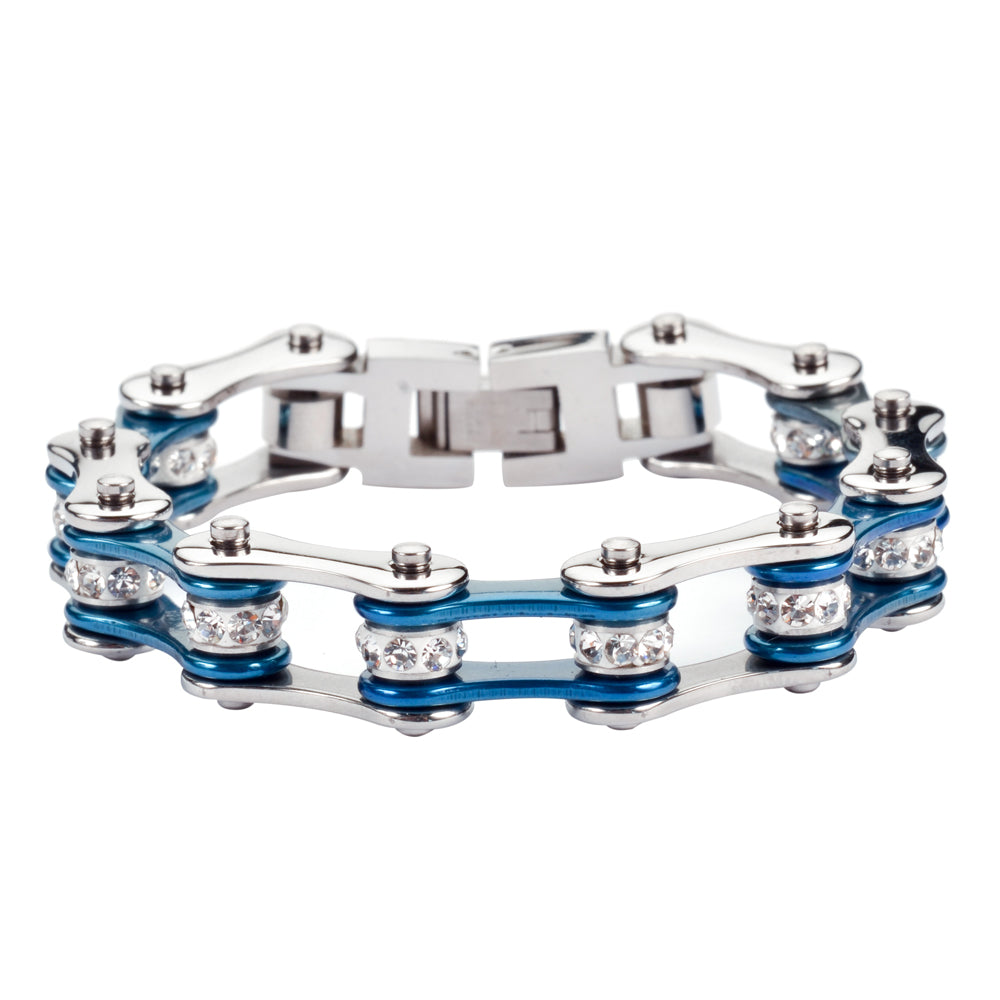 SK1115 Wide Two Tone Silver Candy Blue White Crystal Centers