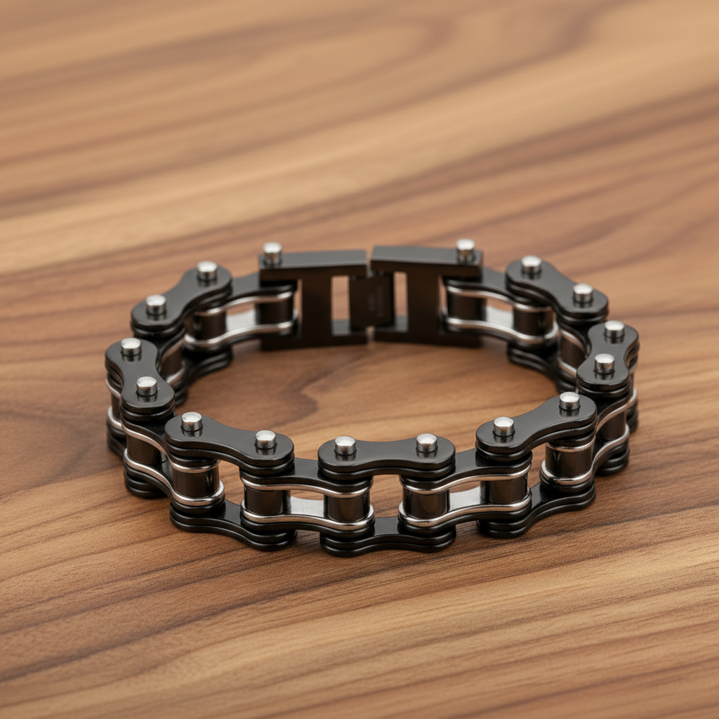 SK1125 Men's Two-Tone Double Link Motorcycle Chain Bracelet - 3/4" Wide