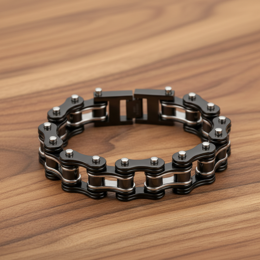 SK1125 Men's Two-Tone Double Link Motorcycle Chain Bracelet - 3/4" Wide