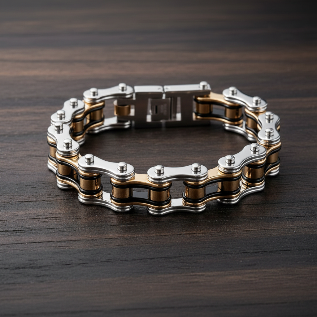 SK1126 3/4" Wide Tri-Color Black Silver Gold Double Link