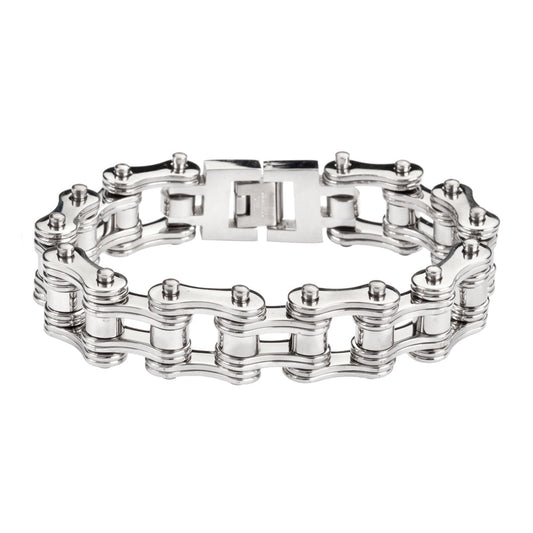 SK1128 All Silver Tone Double Link 3/4" Wide Design Unisex Stainless Steel Motorcycle Chain Bracelet