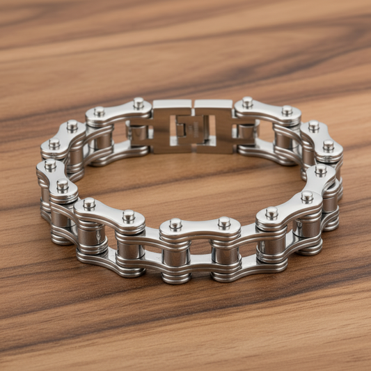 SK1128 Silver Double Link Bike Chain Bracelet - 3/4" Wide