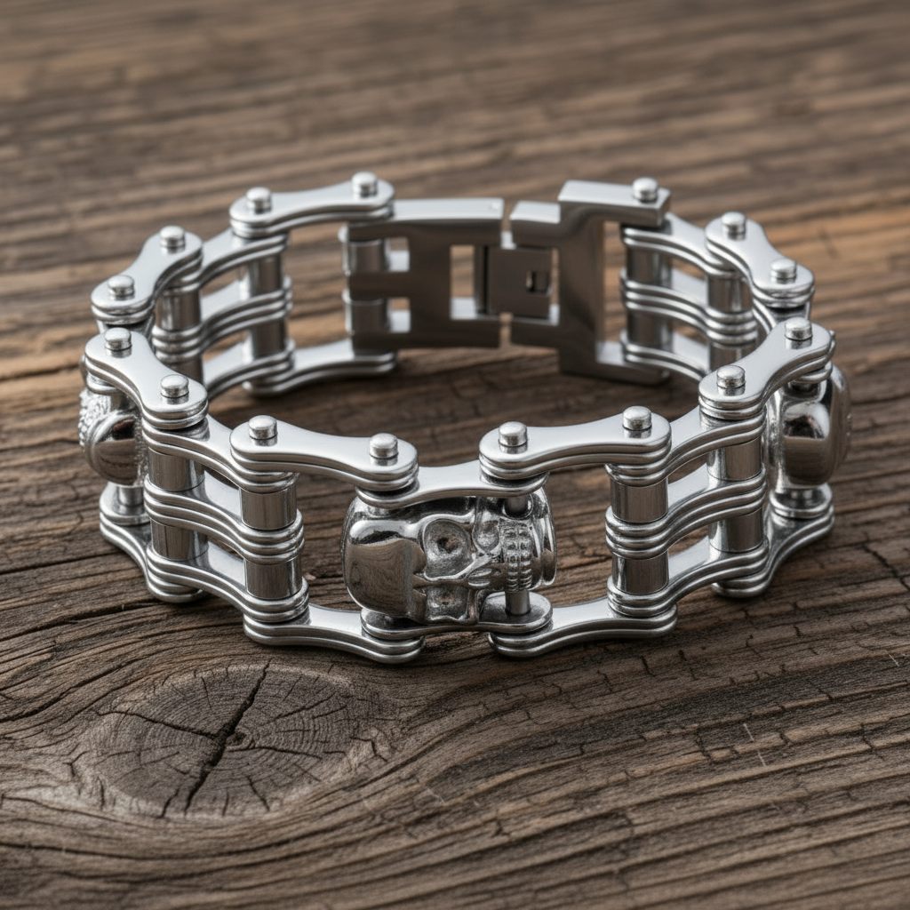 SK1174 1" Wide All Silver Tone With Skulls Unisex Stainless Steel Motorcycle Skull Chain Bracelet