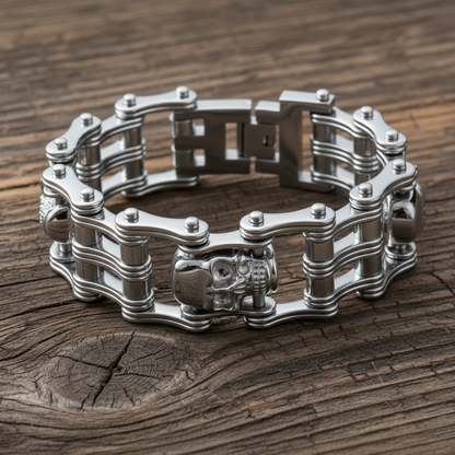 SK1174 1" Wide All Silver Tone With Skulls Unisex Stainless Steel Motorcycle Skull Chain Bracelet