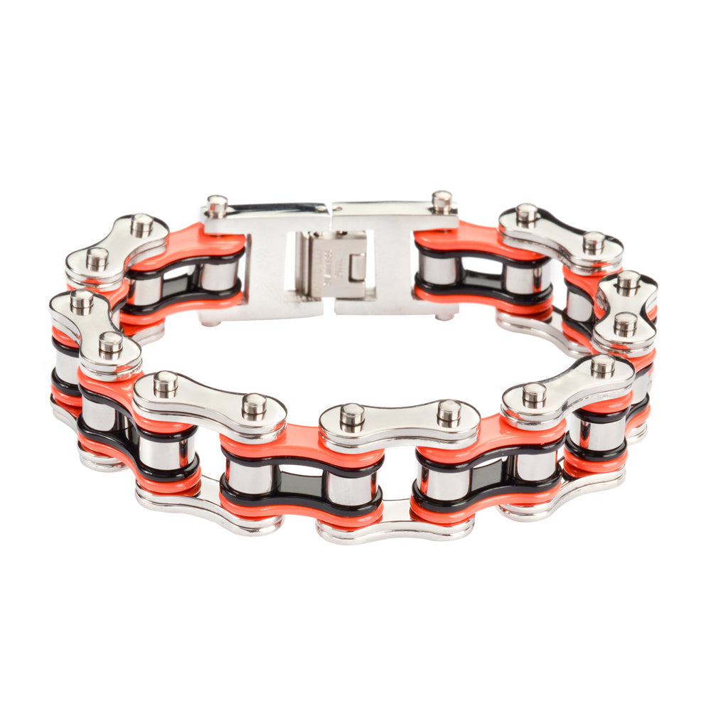 SK1260 Tri-Color Silver Orange Black 3/4" Wide Double Link Design Unisex Stainless Steel Motorcycle Chain Bracelet