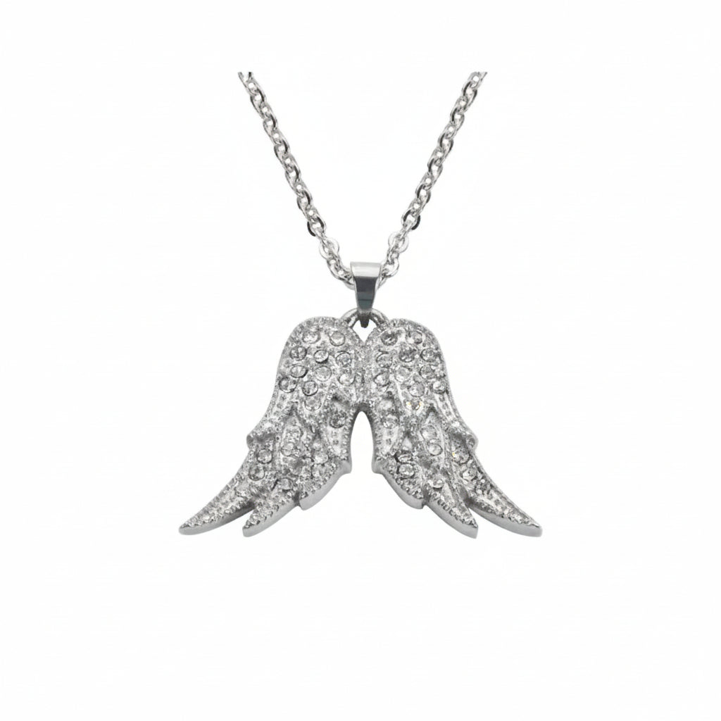 Women’s Fixed Double Angel Wing Necklace – Clear Crystal Jewelry