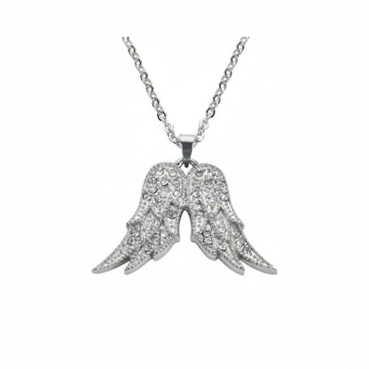 Women’s Fixed Double Angel Wing Necklace – Clear Crystal Jewelry