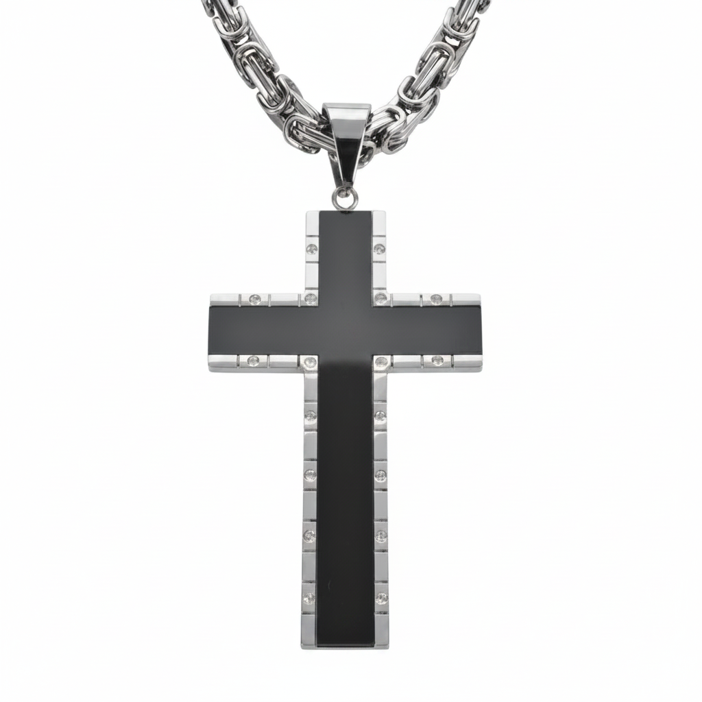 SK1572 2.5" Onyx Inlay Cross With 5 Millimeter Byzantine Necklace 24" Stainless Steel Religious Jewelry