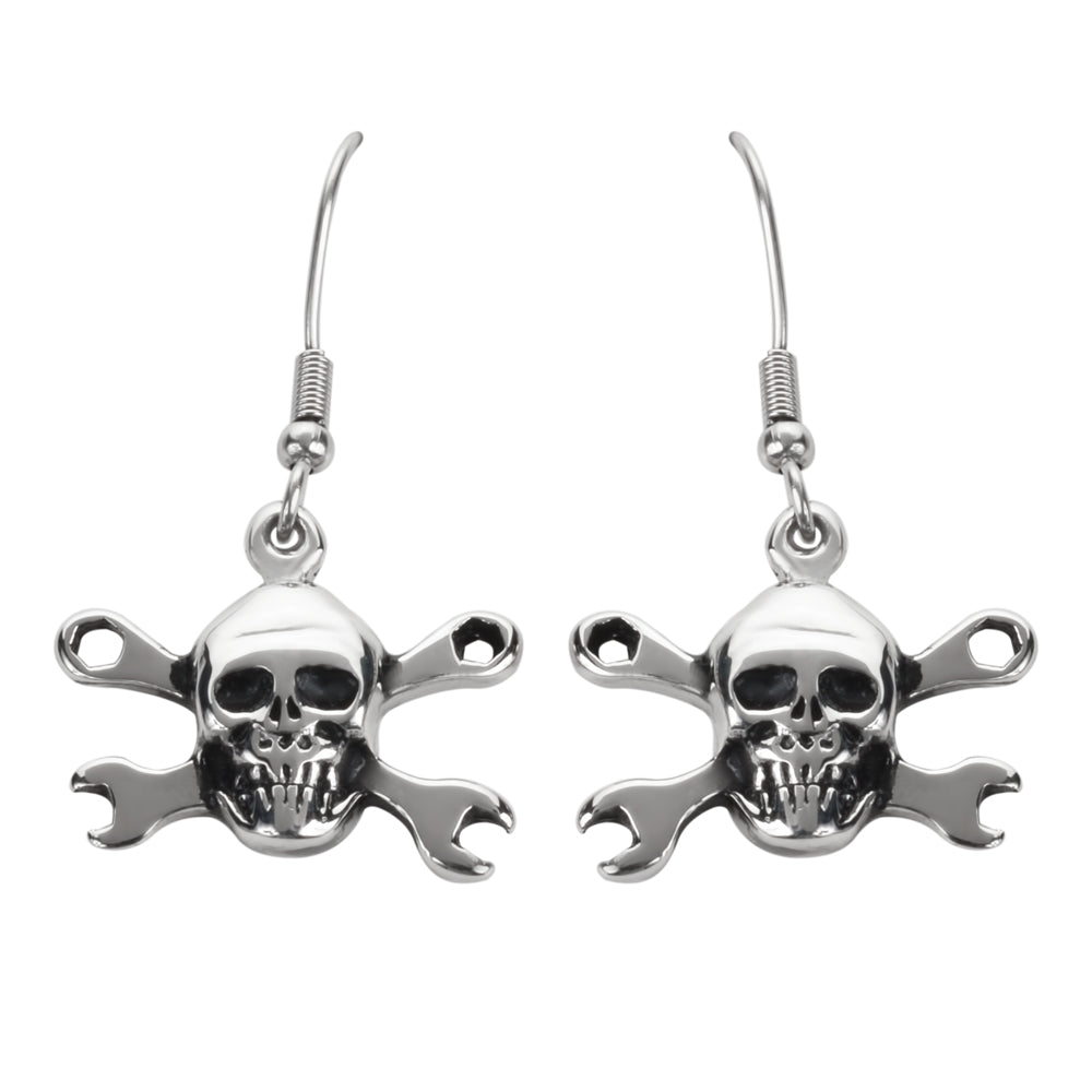 SK1630  Skull Wrenches French Wire Earrings Stainless Steel Motorcycle Biker Jewelry