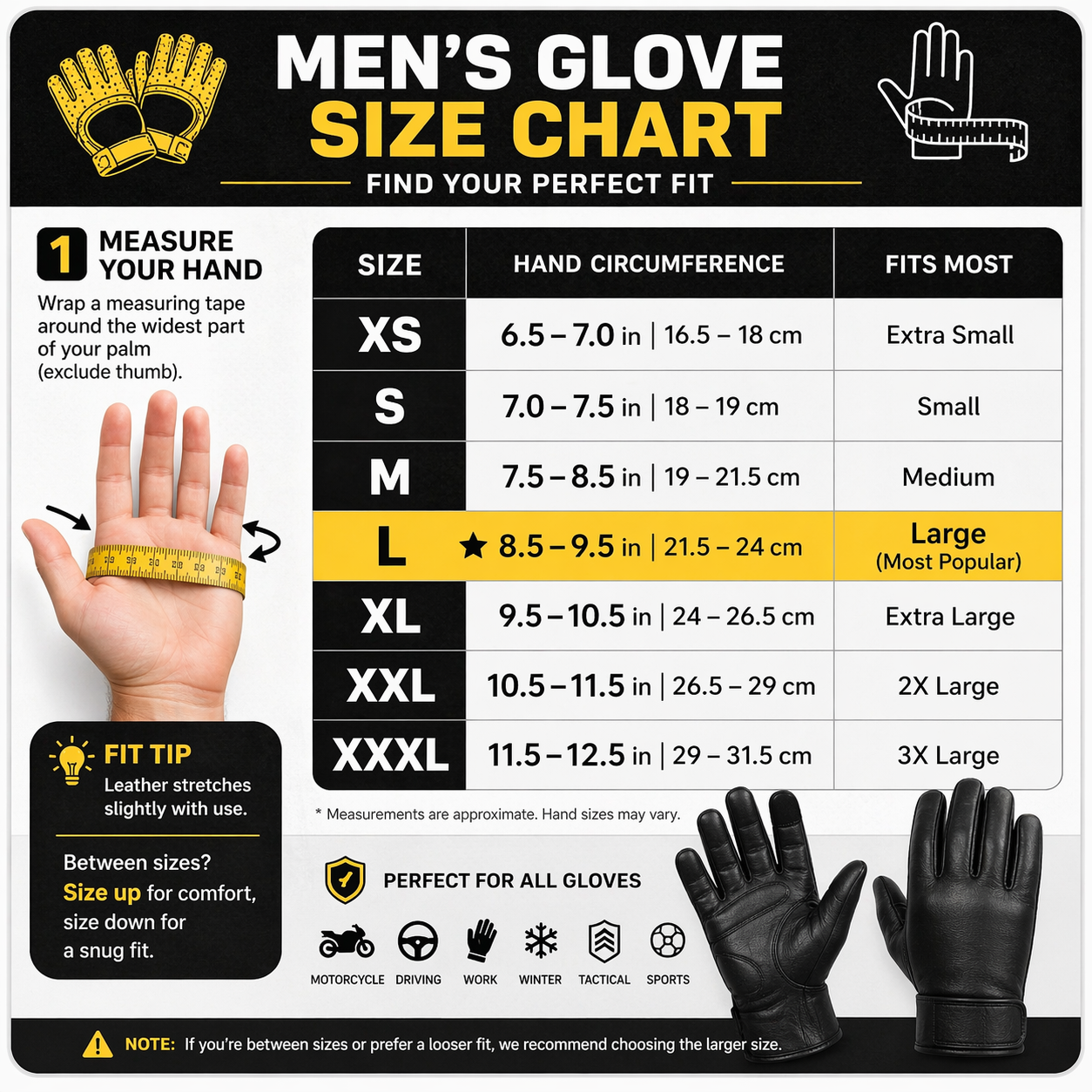 Dream Apparel Men's Black Genuine Cowhide Leather Motorcycle Full Finger Gloves