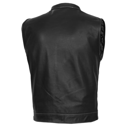 Men's Paisley Black Leather Motorcycle Vest with White Stitching - view 2
