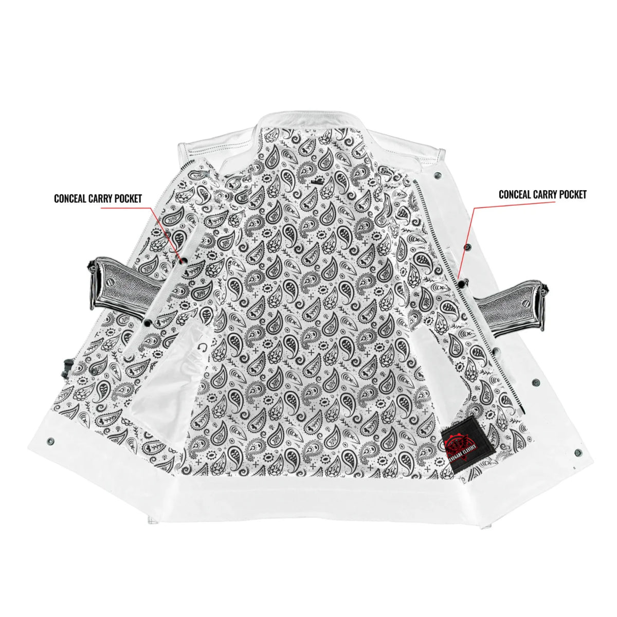 Men's Paisley Black Leather Motorcycle Vest with White Stitching - view 4