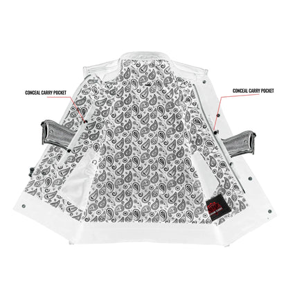 Men's Paisley Black Leather Motorcycle Vest with White Stitching - view 4