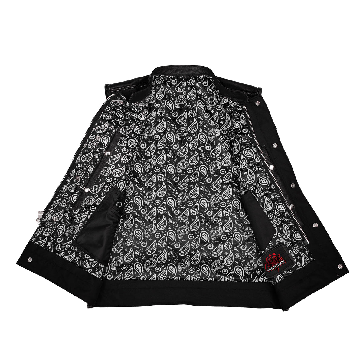 Men's Paisley Black Leather Motorcycle Vest with White Stitching - view 5