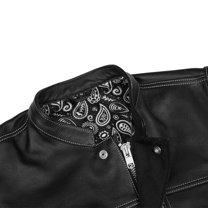 Men's Paisley Black Leather Motorcycle Vest with White Stitching - view 6