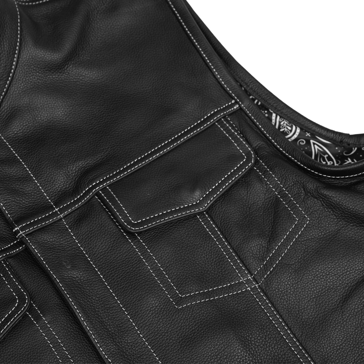 Men's Paisley Black Leather Motorcycle Vest with White Stitching - view 7