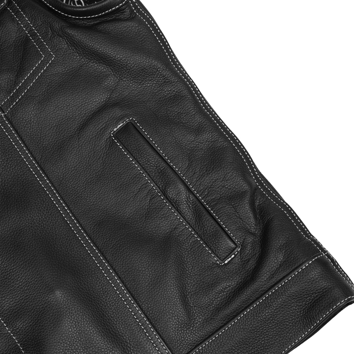 Men's Paisley Black Leather Motorcycle Vest with White Stitching - view 8